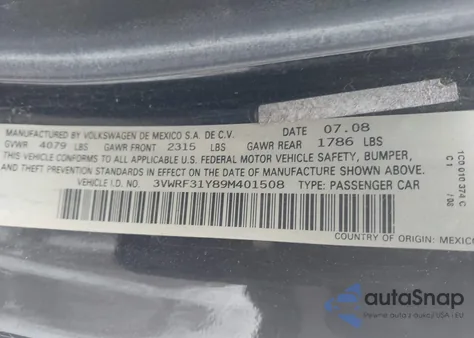 2009 Volkswagen New Beetle 2.5L from USA, damaged, VIN 3VWRF31Y89M401508